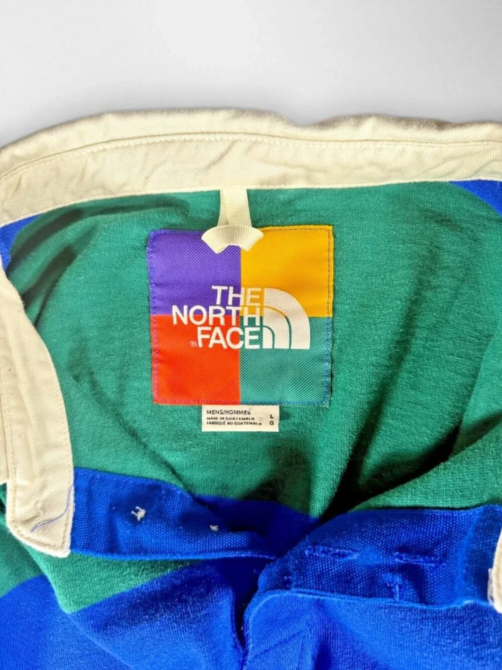 The North Face Rugby Shirt Mens L Blue Green Stripe Long Sleeve Logo Cotton